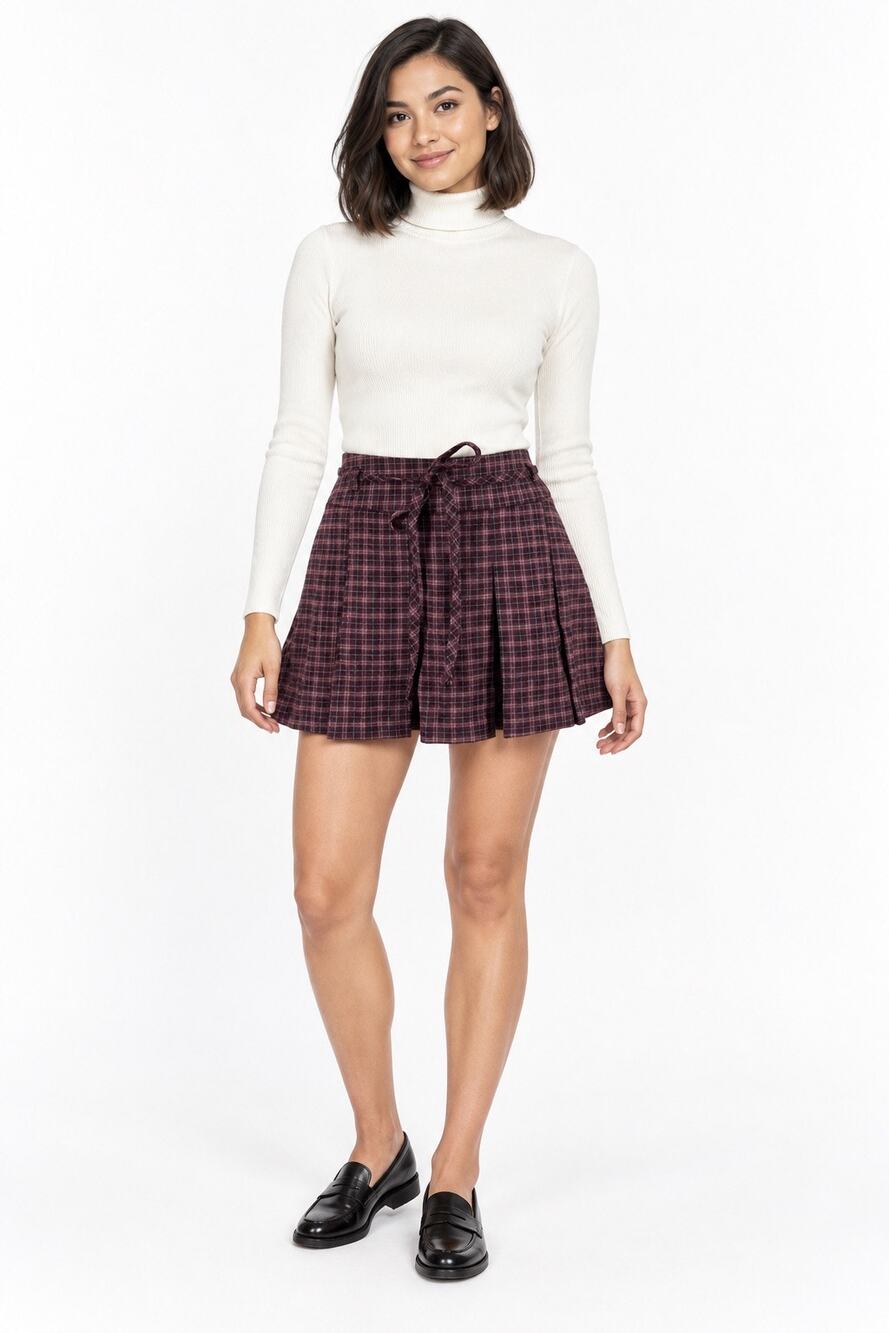 NWT Hollister Maroon & Navy Plaid Pleated Belted Mini Skort